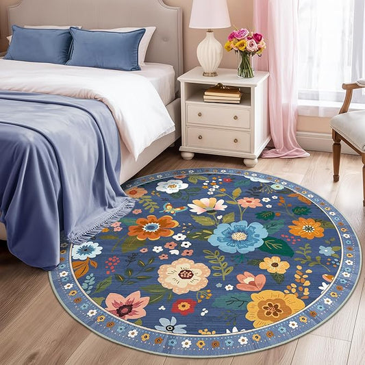 Floral 6ft Area Rug Machine Washable Soft Print Boho Carpet Non Slip Doormat Low Pile Flower Area Rugs for Living Room Bedroom Nursery Kitchen Dining Room Indoor-Blue/Grey