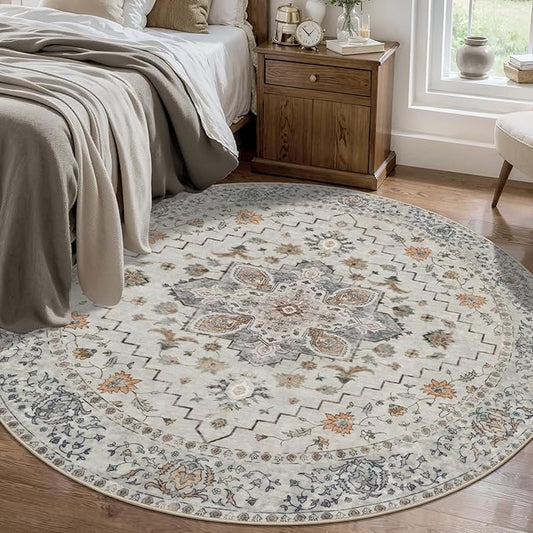Tangsoo Vintage Round Rug 5ft, Washable Circle Rug, Non Slip Boho Round Area Rug, Low Pile Circular Rugs, Round Carpet for Bedroom,Livingroom,Nursery,Dorm,Office,Grey