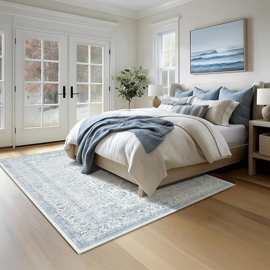FMFUNCTEX 5x7 Washable Area Rug Blue Neutral Vintage Non Slip Low Pile Traditional Indoor Carpet for Living Room Bedroom Soft Retro Floral Mat Throw Rug for Dining Office Kitchen Dorm Entryway