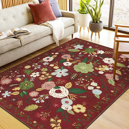 U'Artlines 5x7ft Red Christmas Area Rug, Colorful Floral Boho Rug Machine Washable Ultra Soft Low Pile Non Slip Non Shedding Accent Floor Carpet for Living Room, Bedroom, Dining Room,Farmhouse,Office