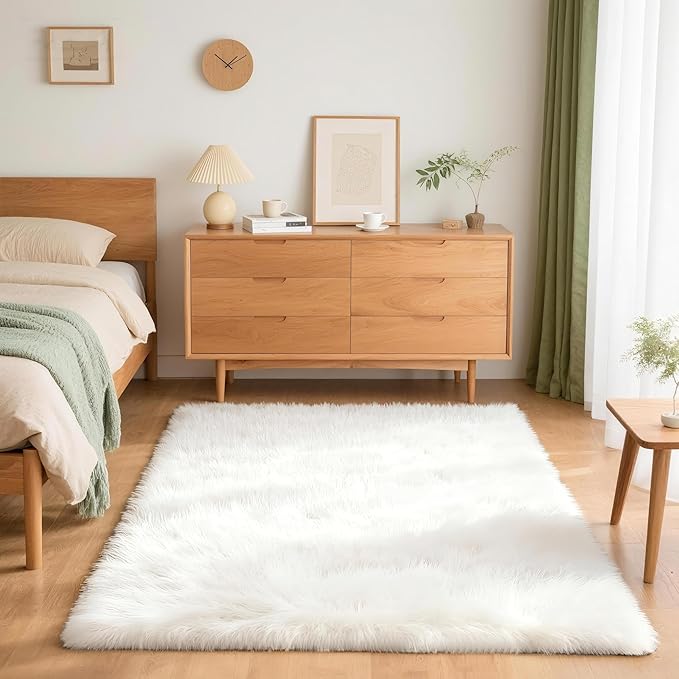 4x6 Solid Fluffy White Area Rug – Washable, Durable, Living Room Rug, Non-Slip High Pile Shag Rugs for Bedroom, Living Room, Bedside, Dorms, Nursery Rooms, Kids Room, Soft Indoor Floor Carpet