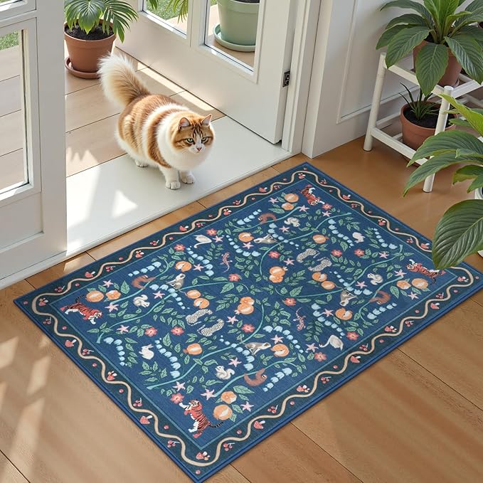 Collive 2x3 Washable Entryway Rug, Jungle Animal Kitchen Rugs Non Slip Small Door Mats Indoor Entrance, Soft Low Pile Entry Rug Stain Resistant Throw Carpet for Bathroom Bedroom, Entrance, Blue