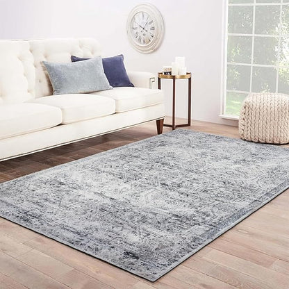 Area Rug 5×7, Vintage Boho Rug,Ultra-Soft Low Pile, Washable, Non Slip,Stain Resistant Printed Carpet for Living Room Bedrooms Playroom Office Kitchen, Classic Grey.