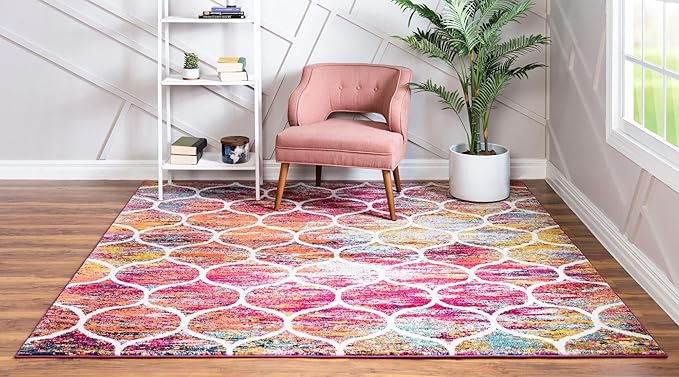 Rugs.com Lattice Frieze Collection Rug – 3' Square Multi Medium Rug Perfect for Living Rooms, Kitchens, Entryways