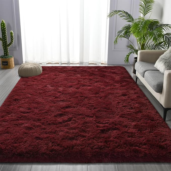 Large Shag Area Rugs 9 x 12, Plush Fuzzy Rugs for Living Room, Ultra Soft Fluffy Furry Rug for Bedroom, Indoor Carpet Nursery Rugs for Kids Room Home Decor, Burgundy