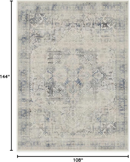 RUGGABLE Washable Vintage Area Rug – Kamran Blue Quartz 9x12, Stain-Resistant, Non-Slip – Large Machine Washable Rugs for Living Room, Bedroom, Hallway, Entryway & Office–with Cushioned Pad