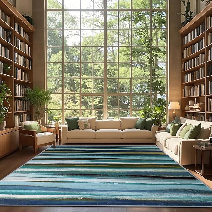 Abstract 3x5 Area Rug, Modern Stripe Teal Rugs for Entryway, Washable Soft Door Mat Non-Slip Floor Carpet for Dining Room Kitchen Bedroom - Teal/Multi