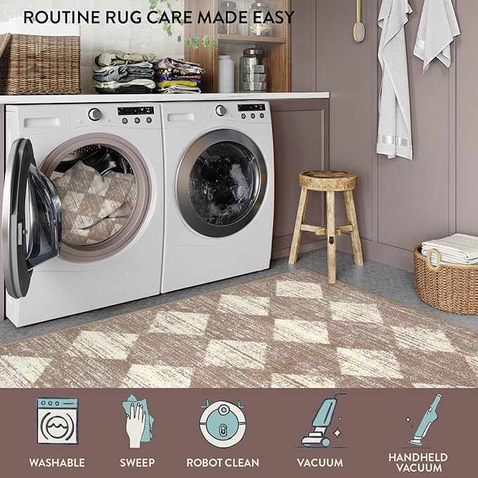 Lahome Machine Washable Long Bathroom Rugs Runner, 2x5 Non Slip Entryway Rugs Indoor Kitchen Runner Rug, Moroccan Trellis Non Skid Laundry Room Carpet Runners for Bedside Entrance Living Room, Beige