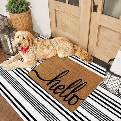 Outdoor Front Door Mat 3'x5', Black and White Cotton Hand Woven Striped Rug,Reversible Washable Front Porch Rug, Foldable Layered Doormat for Entryway/Home Entrance/Farmhouse