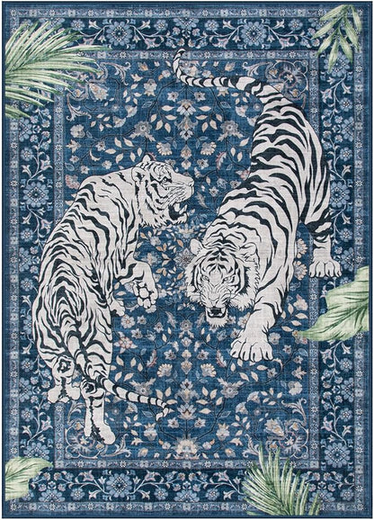 Moynesa Tiger Washable Area Rugs for Living Room, 5x7 Vintage Soft Rug for Bedroom, Non Slip Boho Botanical Ultra Thin Large Stain Resistant Throw Rug for Dining Guest Room, Blue