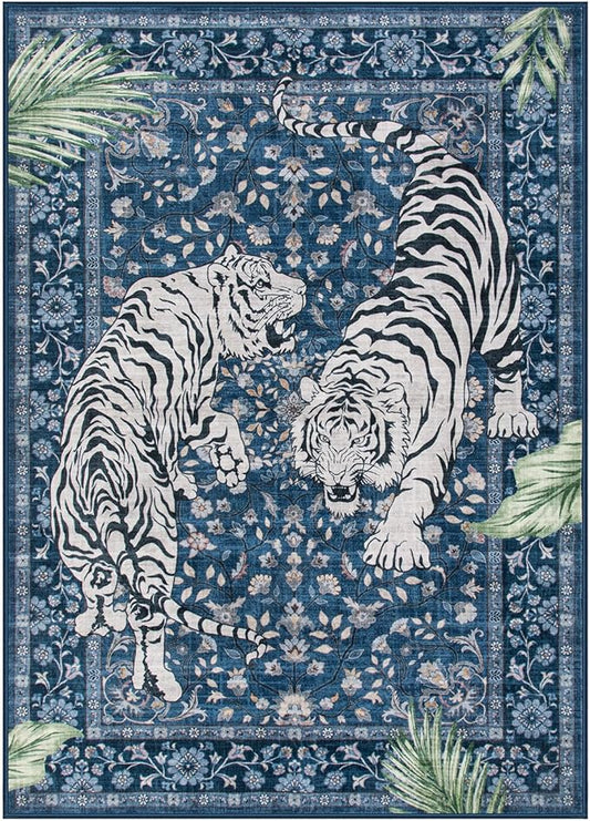 Moynesa Tiger Washable Area Rugs for Living Room, 5x7 Vintage Soft Rug for Bedroom, Non Slip Boho Botanical Ultra Thin Large Stain Resistant Throw Rug for Dining Guest Room, Blue