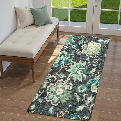 Lahome Floral Washable Rugs Runners - 2x4 Area Rug Low-Pile Non-Slip Rugs for Entryway Runner Small Throw Soft Bathroom Rug Runner Bedside Rug, Boho Blue Paisley Carpet Runners for Hallway Kitchen