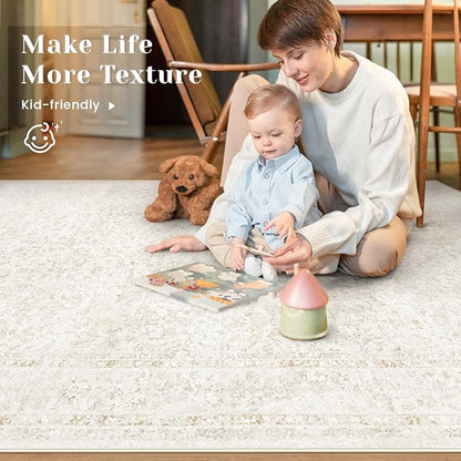 Bedroom Rug Washable Large Area Rugs Foldable Low Pile Print Non Slip Boho Patterned Rugs for Bedroom Living Room Dining Home Office (Floral Beige, 5'x7')