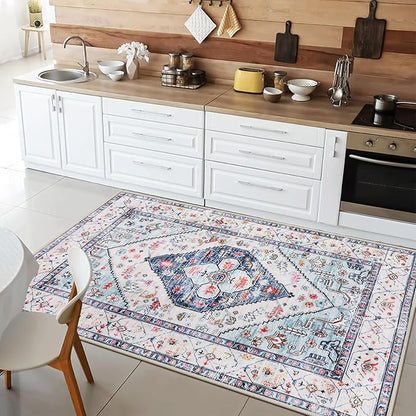 Lahome Boho Round Rug - 9Ft Washable Area Rug, Non-Slip Small Bathroom Rug, Lightweight Bedroom Throw, Oriental Distressed Print Carpet for Entryway, Sofa, Nursery, Kids Room