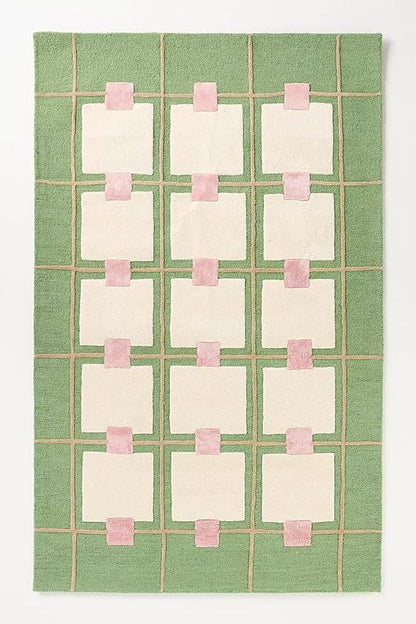 Greer Wool Area Rug - Soft Hand-Tufted Geometric Design with Pink and Green Color Palette, Perfect for Modern Home Decor (8x12 Ft)