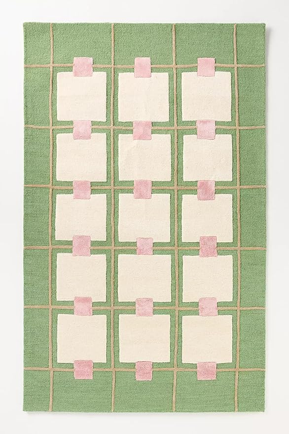 Greer Wool Area Rug - Soft Hand-Tufted Geometric Design with Pink and Green Color Palette, Perfect for Modern Home Decor (7x11 Ft)