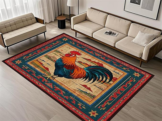 Vintage Rustic Rooster Area Rug ，5x7ft,Ethnic Design Colorful Mountains Geometric Pattern Print Rug，Low Pile Washable Rug Suitable for Farmhouse, Kitchen, Living Room, Bedroom Entryway