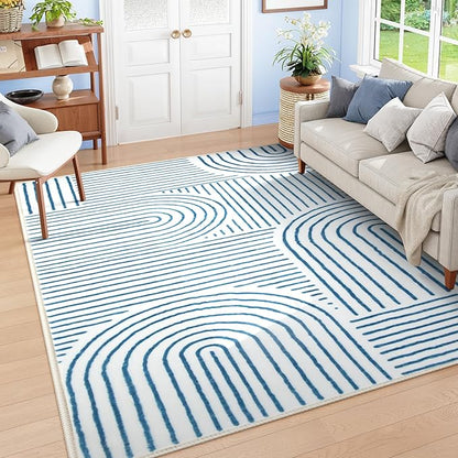 Lahome Abstract 8x10 Area Rugs, Soft Washable Blue Rugs 8x10 Living Room Rugs for Bedroom Dining Room, Ultra-Thin Accent Carpet for Office Dining Room(8x10ft,Blue/White)