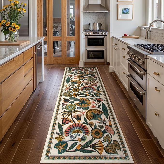 Egypt Floral Washable Bathroom Runner Rug for Kitchen Floor,2x8 Boho Rug Runners for Hallways Entryway,Vintage Non Slip Soft Throw Carpet for Laundry Room Entrance (Beige,2'6''x8')