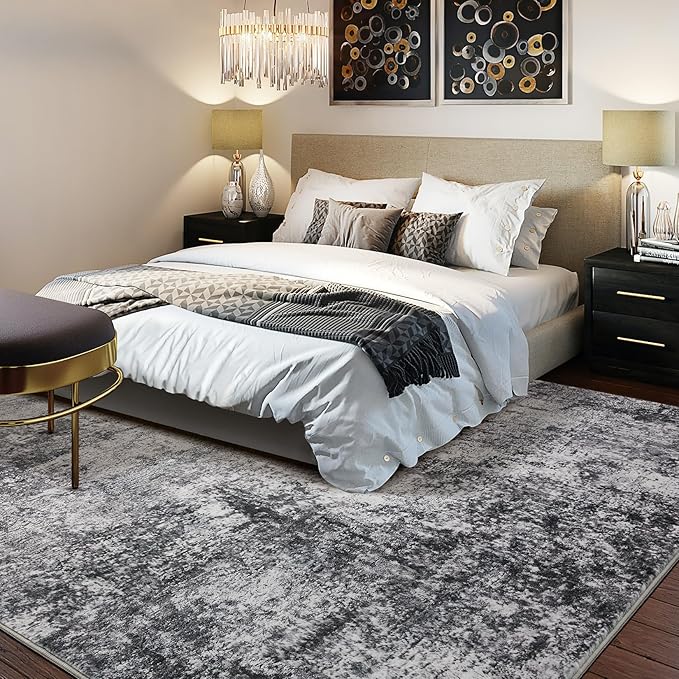 Area Rug Living Room Rugs - 7x10 Washable Large Soft Indoor Neutral Modern Abstract Low Pile Rug Carpet for Bedroom Dining Room Farmhouse Home Office - Grey