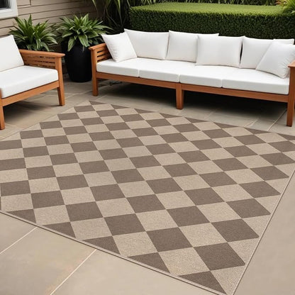 Easy Jute Brown Checkered 5x7 Area Rug, Washable Modern Rugs for Living Room Non-Slip Diamond Bedroom Rug, Neutral Farmhouse Indoor Outdoor Carpet for Patio Dining Room Classroom