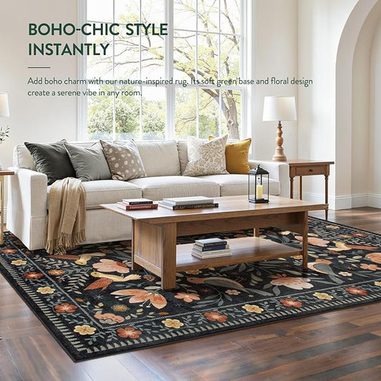 Moynesa Black Washable 8x10 Area Rugs for Living Room Bedroom Dining Room, Modern Transitional Aesthetic Floral Bird Medallion Carpet, Folk Art Home Decor Open Floor Areas Protection Non-Slip