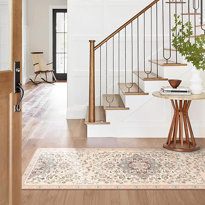 Phantoscope Washable Runner Rug 2'x6' Non-Slip, Vintage Boho Hallway Rugs for Entryway, Stair, Bedroom, Persian Floral Medallion Pattern, Low-Pile Foldable Floor Carpet, Ivory Rose/Fall Bloom