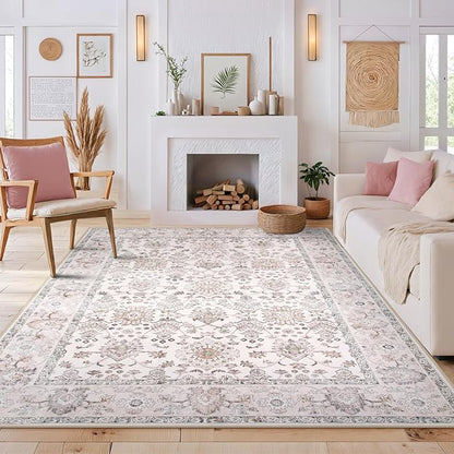 Lahome Boho Bedroom Rugs 8x10 Non Slip, Washable Pink Rugs for Bedroom Girls Ultra-Thin,Vintage Large Carpet for Living Room Dining Room Nursery Room Dorm Classroom (Pink, 8' x 10')