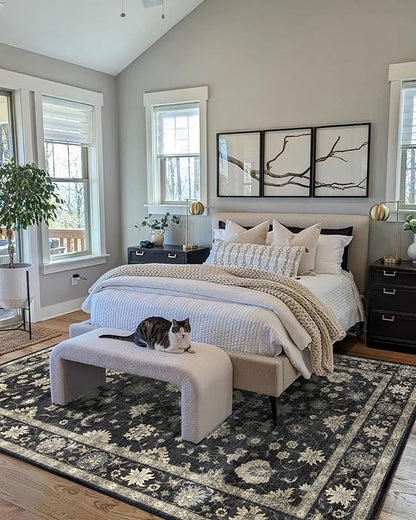 Washable Area Rug 5x8 - Traditional Floral Living Room Rug Soft Bedroom Rug Ultra-Thin Charcoal Black Vintage Farmhouse Bohemian Dining Room Rugs for Under Table Indoor Carpet for Living Room