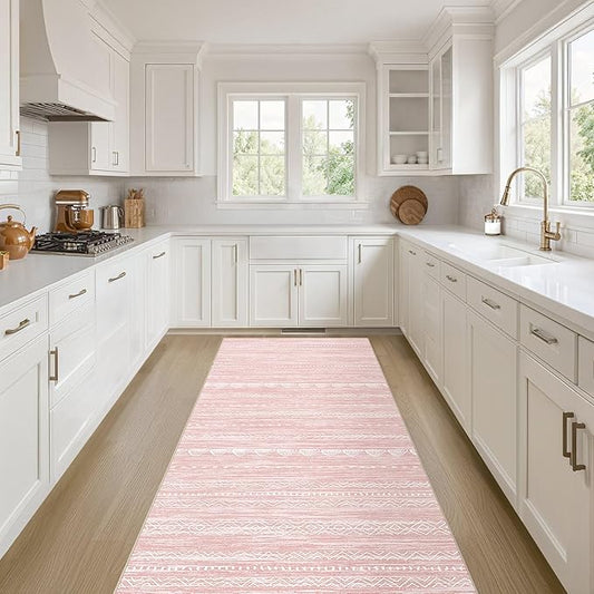 Nakagishi Runner Rug Kitchen Washable Rugs: 3x8 Non-Slip Boho Soft Modern Stain Resistant Indoor Floor Neutral Farmhouse Throw Carpet for Hallway Bathroom Laundry Room Entryway Bedroom- Pink