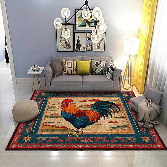 Vintage Rustic Rooster Area Rug ，3x4ft,Ethnic Design Colorful Mountains Geometric Pattern Print Rug，Low Pile Washable Rug Suitable for Farmhouse, Kitchen, Living Room, Bedroom Entryway