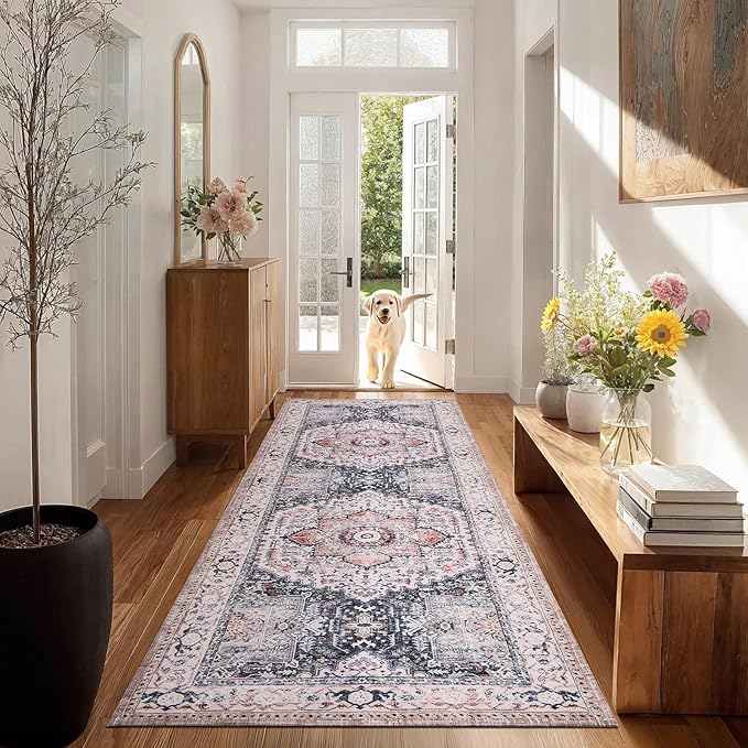 PURRUGS Vintage Farmhouse Boho Runner Rug 2'6" x 6', Non-Slip Machine Washable Rug, Accent Area Rug for Kitchen, Hallway, Entryway, Bedroom, Living Room and Dining Room, Coral Red/Marine Blue