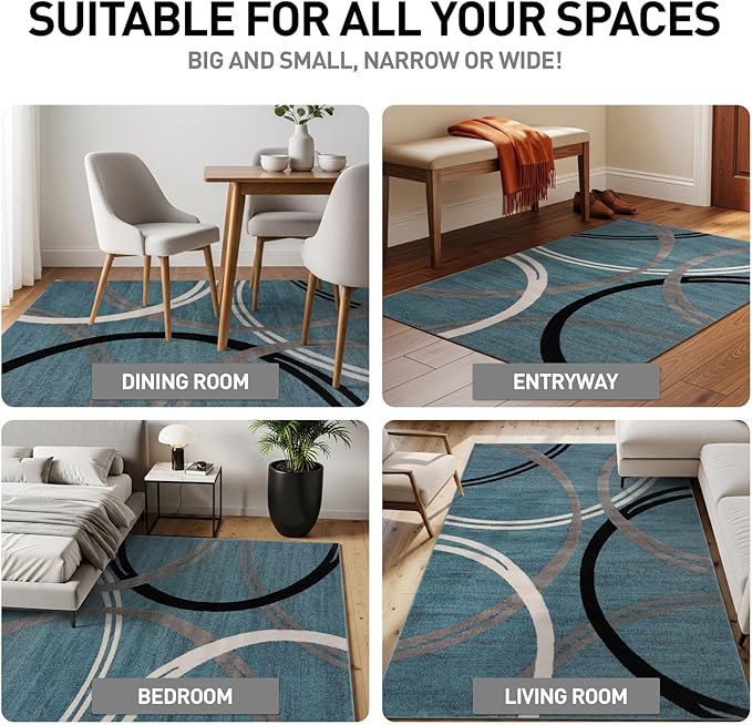 Rugshop Modern Wavy Circles Design Area Rug, Non-Shedding Carpet for Living Room, Bedroom, or Dining Room, Blue, 7'10" x 10'2"