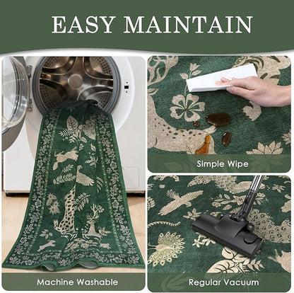 Moynesa Green 8x10 Area Rugs for Living Room, Washable Vintage Neutral Farmhouse Animal Area Rug for Bedroom Dining Room Office Study, Faux Wool Soft Non Slip Retro Carpets for Indoor