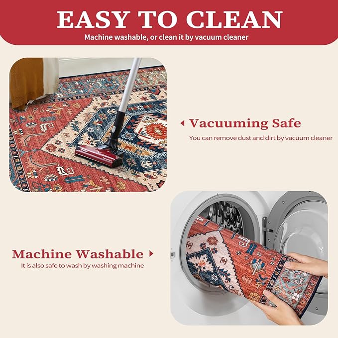 SERISSA Washable Rug 5x7 Boho Area Rugs, Washable Large Rugs for Living Room, Ultra Soft Non-Slip Rust Rug Print Distressed Vintage Farmhouse Carpet for Bedroom Dining Room Dorm Office Home Decor