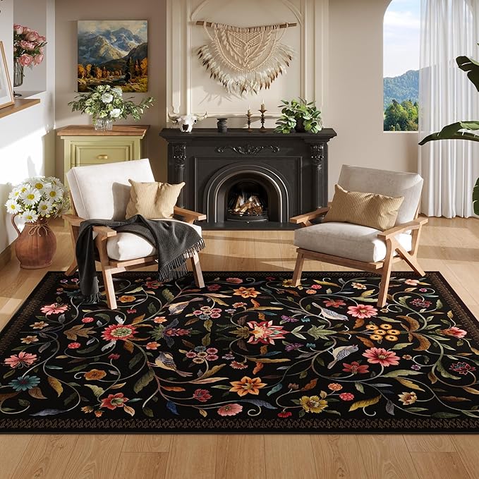 Vintage Medallion Floral 4x6 Rug, Machine Washable Non-Slip Area Rug, Low Pile Soft Carpet for Entry, Living Room, Office, Kids, Girl/Boys Room | Black