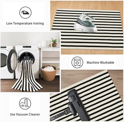 Black and White Striped Rugs 2.3'x3.6', Washable Hand Woven Front Door Rug, Reversible Outdoor Welcome Mat Foldable Layered Door Mats for Entryway Porch Decor Home Entrance