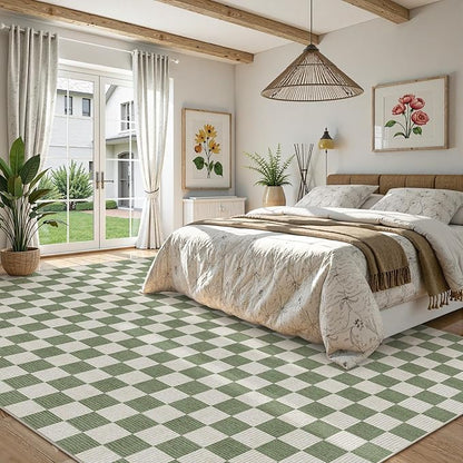 LIVEBOX 9x12 Area Rugs for Living Room, Checkered Non-Slip Washable Rugs, Farmhouse Neutral Classic Geometric Large Boys Area Rug for Bedroom, Carpet for Living Dining Room Office(Sage Green,9'x12')