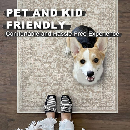 KILOCOCO Hallway Runner 3x8 Rug Runner Printed Vintage Floral Washable Kitchen Runners Non-Slip Rubber Backed Runners for Hallways Laundry Room Distressed Boho Rugs for Entryway Bedroom, Beige