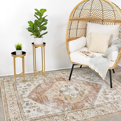 Lahome Boho Washable Living Room Area Rug 3x5 Throw Non-Slip Rugs for Bedroom Aesthetic Lightweight Thin Entry Rug Kitchen Rugs Oriental Distressed Print Capet for Office Bathroom Laundry Room