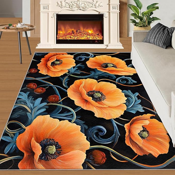 5x8 Poppy Kids Rug - Retro Florals Art Dining Room Rug, Rustic Flowers Art Area Rugs Indoor Modern Rugs for Bedroom Hardwood Floors Teen Room