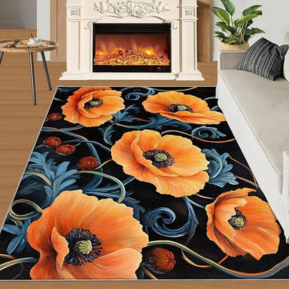 3x6 Poppy Bedroom Rug Under Bed - Retro Florals Art Kids Room Rugs, Rustic Flowers Art Bedroom Runner Rug Soft Washable for Living Room Kitchen