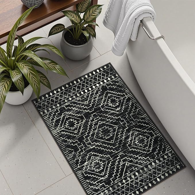 Wonnitar Moroccan Bathroom Rug,Washable 2x3 Small Bath Mat, Boho Tribal Soft Kitchen Sink Mat, Non-Slip Geometric Entry Way Rug, Low-Pile Indoor Carpet for Bedside Entrance Laundry (Black,2'x3')