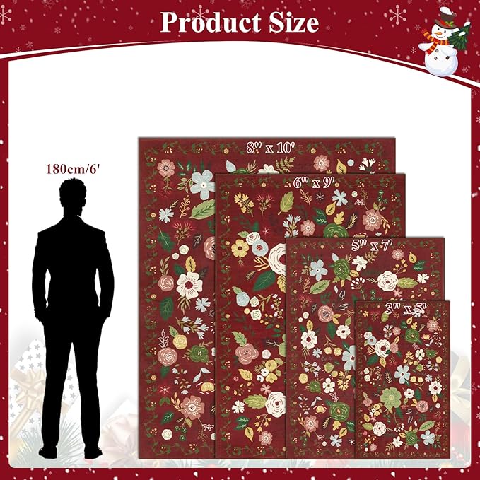U'Artlines 3x5ft Colorful Red Christmas Floral Rug,Non Slip Washable Area Rug Ultra Soft Low Pile Boho Small Carpet for Living Room, Bedroom, Dining Room,Farmhouse,Office