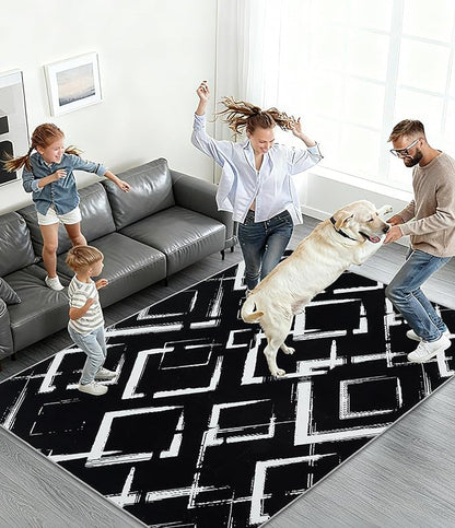 YIHOUSE Black Modern Geometric Area Rug 5x7, Black and White Rug with Abstract Diamond Patterns,Non-Shedding Washable Rugs for Bedroom, Home Office and Small Living Room