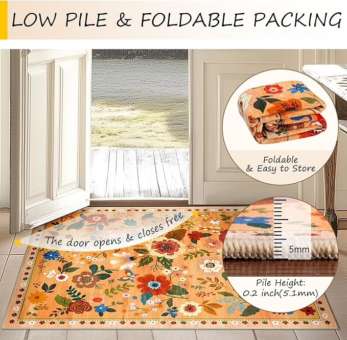 Floral 4x6 Area Rug Machine Washable Soft Print Boho Carpet Non Slip Doormat Low Pile Flower Area Rugs for Living Room Bedroom Nursery Kitchen Dining Room Indoor-Yellow/Orange