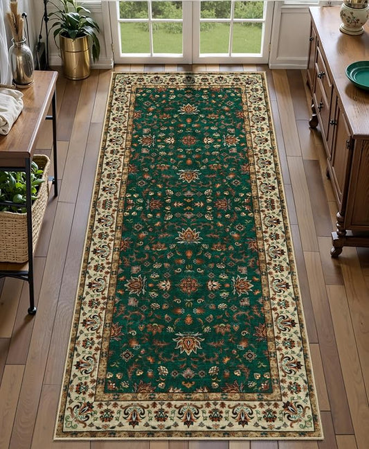 Tangspp Floral Washable Runner Rug, 2x5 Rug Runners for Hallways Non Slip, Vintage Boho Runner Rug for Entryway Indoor, Green Print Carpet Runner, Soft Low Pile Runner for Kitchen Bedroom Green