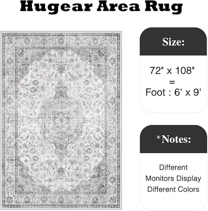 HUGEAR Area Rug 6x9 Vintage Grey Machine Washable Living Room Rugs Thin Neutral Floral Vacuumable Low Pile Carpet Bedroom Office Dining Room Laundry Room Non Slip Soft Lightweight