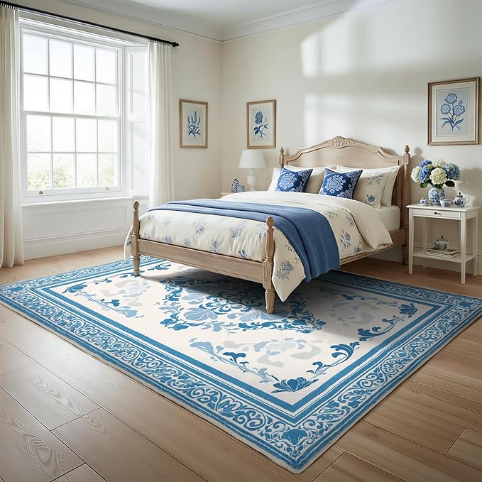 SOULFUL Medium Pile 8x10 Rugs for Living Room - Soft Foot Feel Large Area Rug - Blue Boho Floral - Washable Non-Slip - Perfect for Bedroom Kids Room Under Dining Table Office