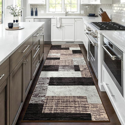Indoor Runner Rug, Washable Runner Rug with Rubber Backing, Modern Geometric Patchwork Aesthetic Carpet for Bedroom, Living Room, Hallway, Entryway, Washable Rug Rockwood Collection, 2x6 Ft Chocolate